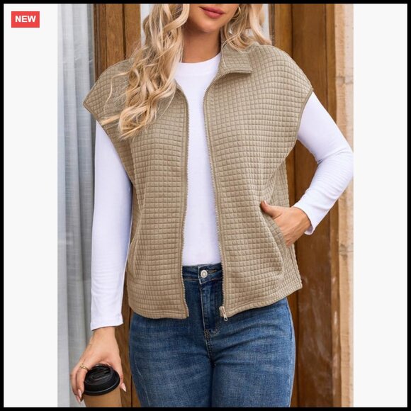 Oversized Waffle Knit Vest Zipper Up Cap Sleeve Side Pockets Chic Casual - Picture 3 of 7